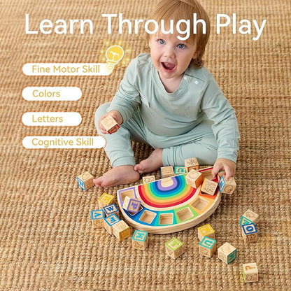 Building Blocks Set Wooden Blocks for Toddlers Rainbow ABC Letter Alphabet Stacking Blocks 26 Pcs Montessori Toys Educational Learning Toys for Kids Age 18 Months for Girls Boys