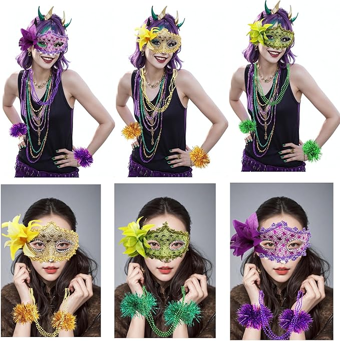 Qiandier 18pcs Mardi Gras Masks Bead Necklaces Bracelet Feathers Women Masquerade Party Mask Purple Green Gold