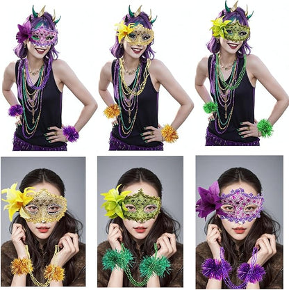 Qiandier 18pcs Mardi Gras Masks Bead Necklaces Bracelet Feathers Women Masquerade Party Mask Purple Green Gold