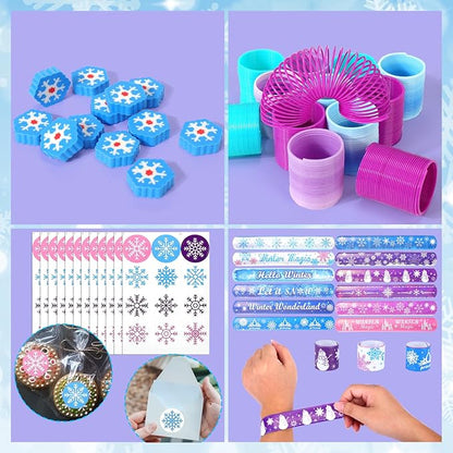 XANGNIER 134 Pcs Frozen Birthday Party Favors Decorations, Winter Frozen Party Supplies with Goodie Bag Snowflake Stickers Heart Ring Erasers Silicone Slap Bracelets Stamp Coil Springs