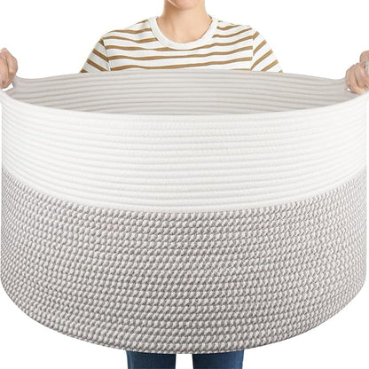 OIASKET Large Blanket Storage Basket for Living Room, 22.8" x 22.8" x 13" Woven Cotton Rope Basket with Handles, Baby Toy Storage, Laundry Hamper for Clothes, Pillows, Towels-Grey and White