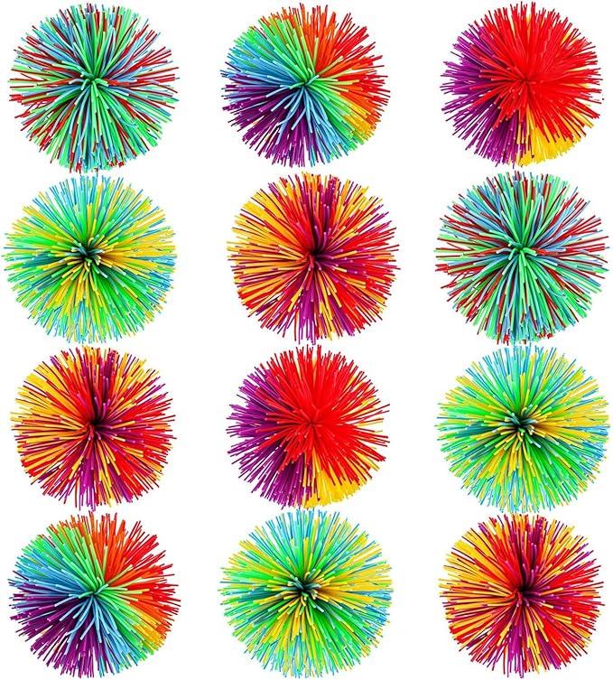 Leinuosen 12 Pieces Stringy Balls Sensory Stringy Ball End of Year Gifts Soft Rainbow Pom Bouncy Stress Bags Basket Stuffers Fillers Party Favors Birthday Gifts, Multicolor (2.75 Inch)