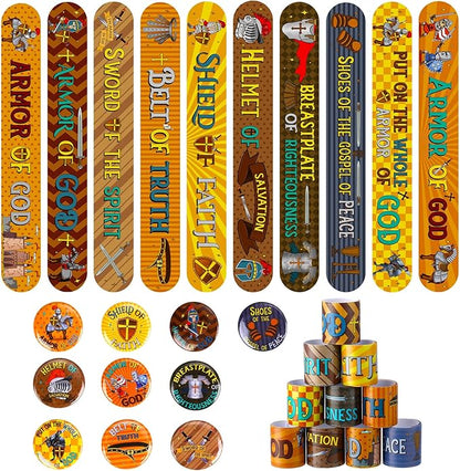 Frienda 60 Pieces Religious Knight Slap Bracelets with Button Pins Medieval Theme Wristbands Snap Bracelets Christian Pinback Buttons for Kids Christian Party Favors Sunday School Gifts