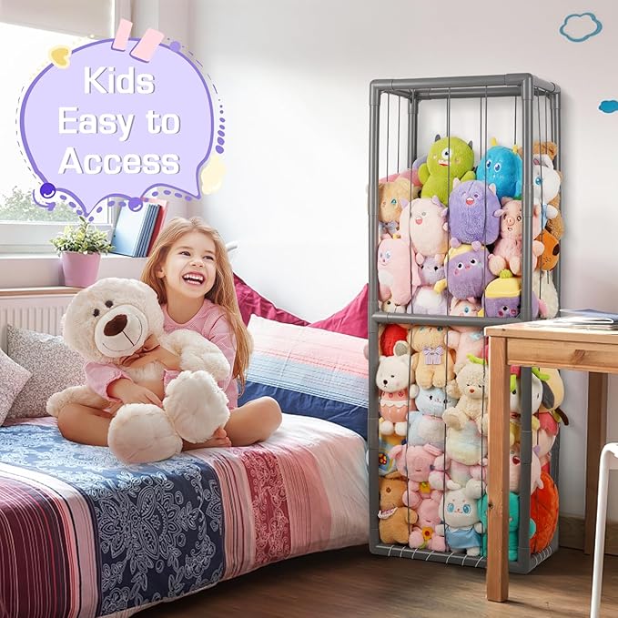 Trycooling Stuffed Animal Storage Zoo Stuffed Animal Holder Space Save Vertical Stuffed Animals Storage PVC with Elastic Band and Net for Playroom Bedroom Nursery (Grey 1)