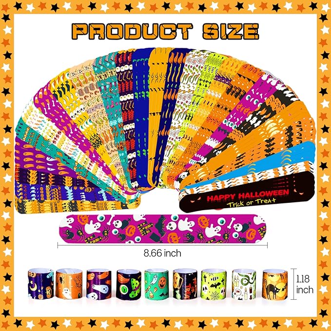Halloween Slap Bracelets for Kids, 100 Halloween Bracelet Toys Bulk For Kids Girls Boys, Trick or Treat Party Favors, Classroom Prizes, Exchanging Gifts, Halloween Party Gift Treat Bag Filler Supply