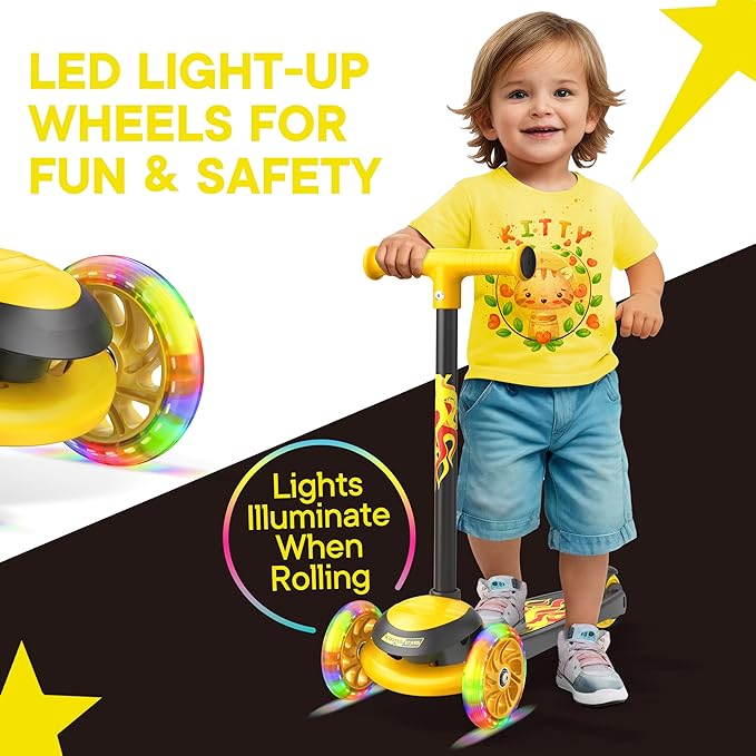 3 Wheel Scooter for Kids, Smooth Light Up LED Front Wheels, Wide Anti Slip Deck, Rear Foot Brake, Easy Lean to Steer Maneuvering, Indoor & Outdoor Ride On Toys for Ages 2 Up,