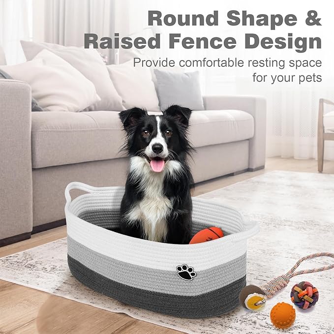 Optish Dog Toy Basket, Toy Box and Bin for Dog Cat Storage, 19.7" X 11" X 7.9" (30L) Large Woven Basket for Blanket Storage, Rope Baskets for Living Room, Bedroom, White & Grey