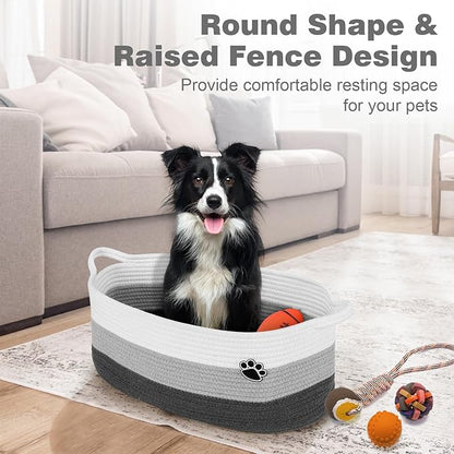 Optish Dog Toy Basket, Toy Box and Bin for Dog Cat Storage, 19.7" X 11" X 7.9" (30L) Large Woven Basket for Blanket Storage, Rope Baskets for Living Room, Bedroom, White & Grey