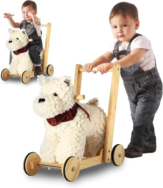 Rock My Baby Wooden Baby Walker, Baby Push Walker with Wheels for 12M+, Toddler Learning to Walk Toy with Sweet Music ＆ Animal Seat 2 in 1 Sit-to-Stand Walker Toy Gift for Boy Girl (Scottie Dog)