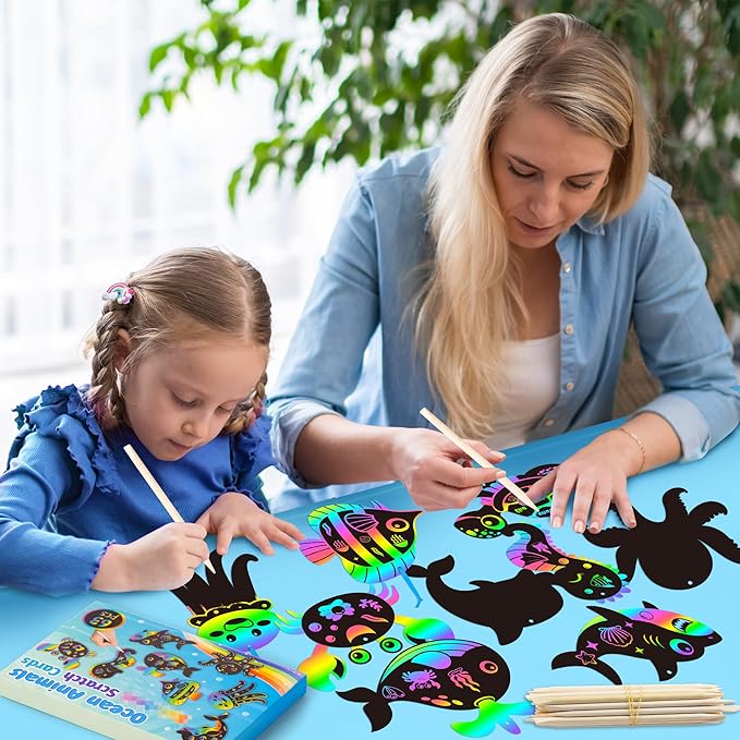 CY2SIDE Ocean Animals Scratch Cards - 63PCS DIY Under The Sea Magic Art Rainbow Color Craft Scratch Kit for Kids Dolphin Tortoise Scratch Card Art Kit for Kids Birthday Party Favors School Activity