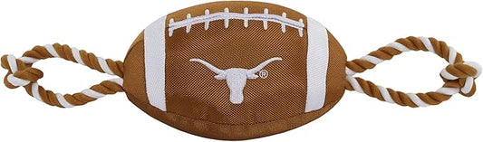 Pets First NCAA Texas Longhorns Football Dog Toy, Tough Quality Nylon Materials, Strong Pull Ropes, Inner Squeaker, Collegiate Team Color, 1 Count (Pack of 1)