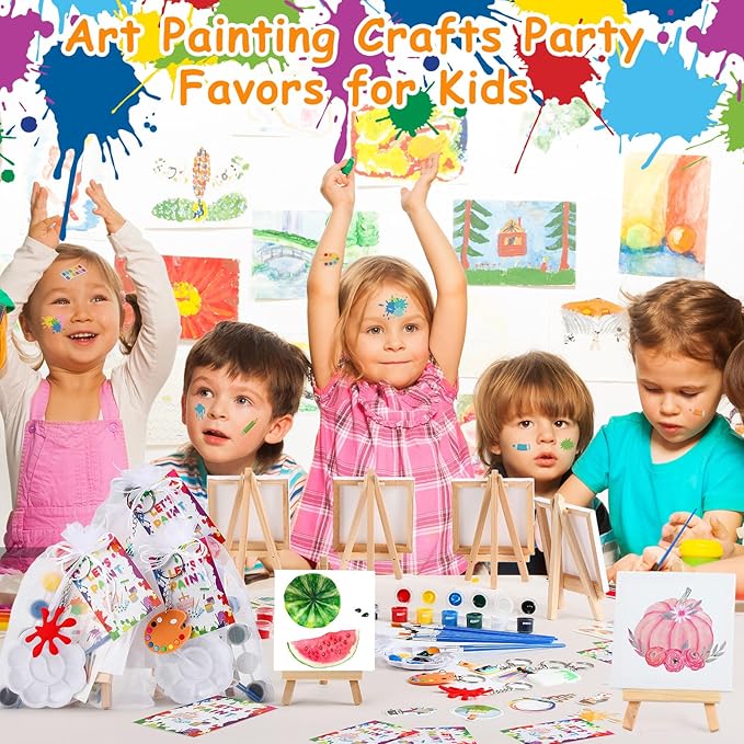 HyDren Paint Party Favors Include Mini Watercolor Paint Set Small Painting Canvas with Easel Palette Brush Paint Stickers Tattoo Sticker Keychain for Class Birthday Art Party(Novel Style,222 Pcs)