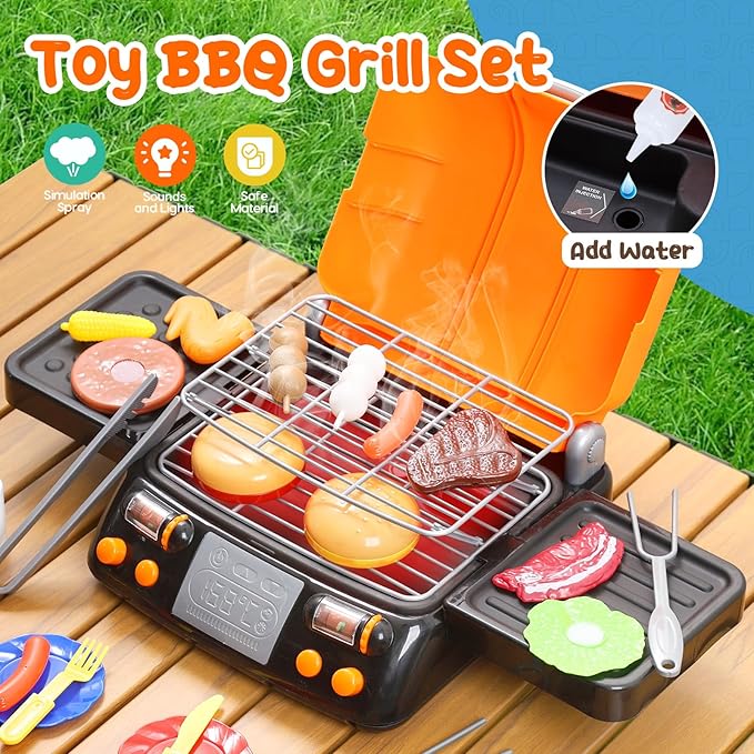CUTE STONE Cooking Toy BBQ Set, 2 Layers Kids Grill Playset with Play Food, Pretend Smoke Sound and Light, Kitchen Accessories Utensils Toy, Outdoor Camping Barbecue Toys Gift for Toddlers Girls Boys