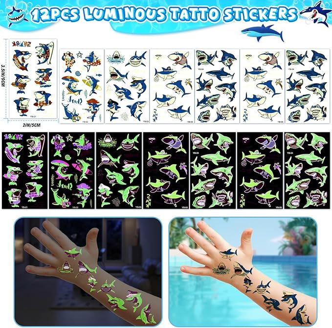 Golray 110Pcs Shark Party Favors Birthday Supplies, Straws Bubble Wands Slap Bracelet Keychain Tattoo Sticker Toy Gift Kids Boys Shark Goodie Bag Stuffer Ocean Under the Sea Party Favors