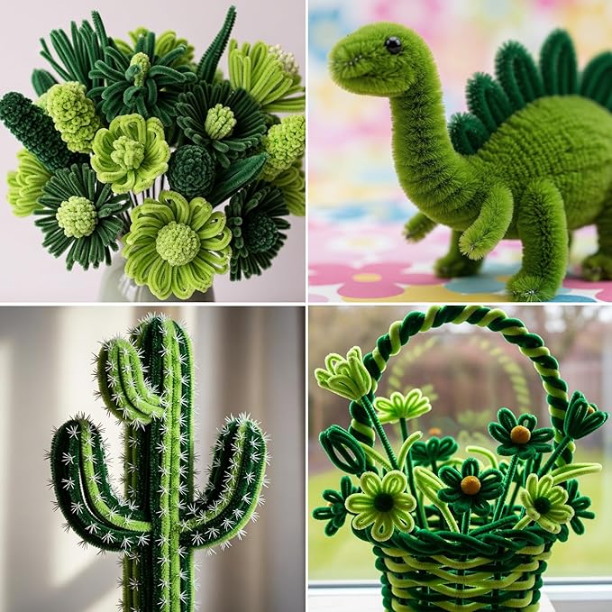 Caydo 200 Pieces Green Pipe Cleaners,Thick Fluffy Chenille Stems, Pipe Cleaner Crafts for Arts & Crafts, Perfect for Making Animals, Flowers, and Mother's Day Decorations