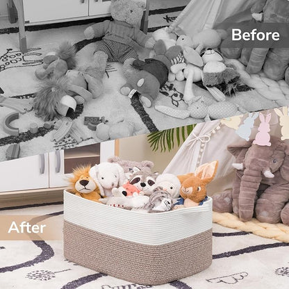 Goodpick Large Blanket Basket 22" x 17" x 12" Woven Storage Baskets for Organizing, Rectangle Cotton Rope Basket for Living Room Bedroom, Toy Baskets Storage Kids, White & Brown