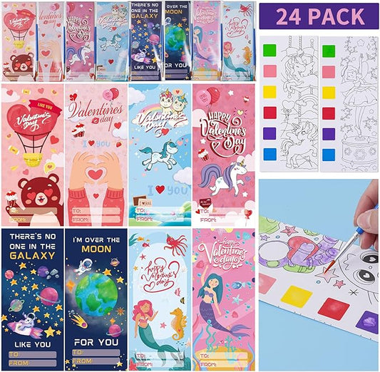 Valentines Day Gifts for Kids 24 Pack Valentines Day Cards with Watercolor Coloring Books for Boys Girls Watercolor Painting Book for Toddlers Valentine School Exchange Gift Classroom Party Favors