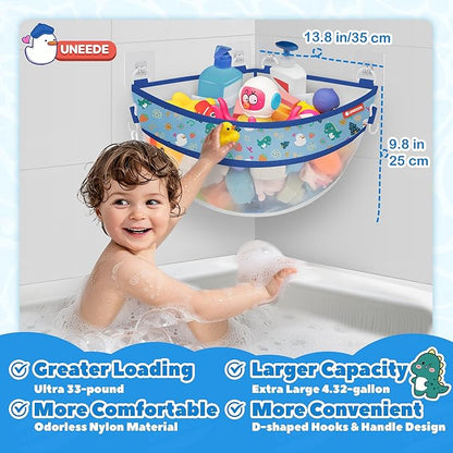 UNEEDE 4.32 Gallons Dinosaur Print Corner Bath Toy Storage | Blue Mesh Shower Caddy with Quick Drain & Bottom Zipper