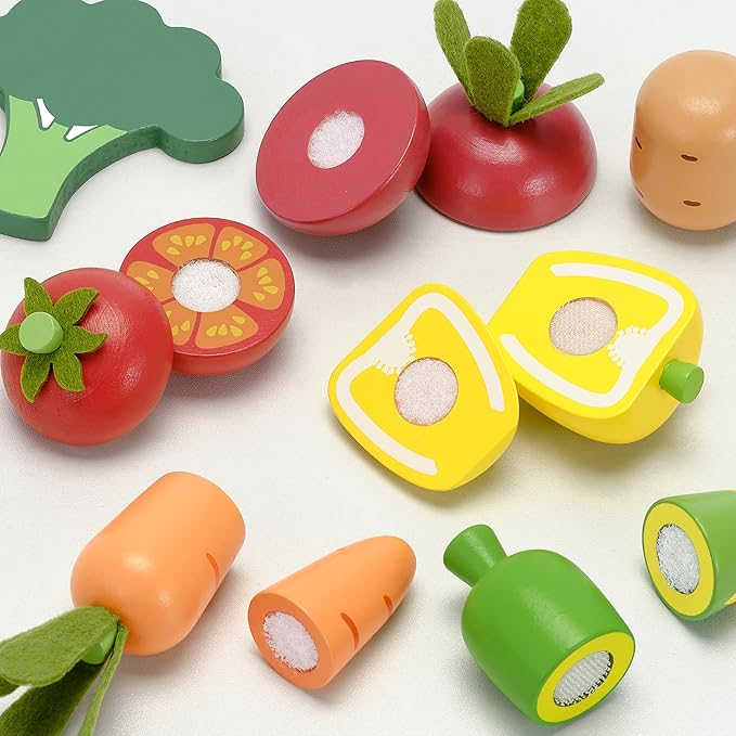 PairPear Wooden Toys Play Food Sets for Kids Kitchen, Kids Toy Food Cutting Vegetables Set for Toddlers 3+ Years Old, Pretend Food Play Kitchen Accessories for Girls and Boys