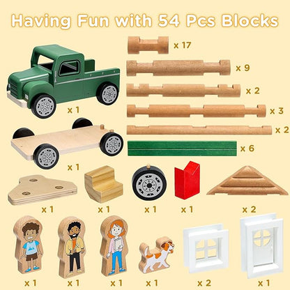 SainSmart Jr. Wooden Truck Building Playset for Kids, Vintage Camper RV Compatible with Lincoln Logs, STEM Educational Toy, Perfect Retro Gift for Ages 3+