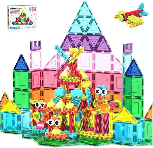 PicassoTiles Magnetic Tiles & Hedgehog 2-in1 Interlocking Brush Connector Magnet Building Blocks Construction Set Learning Playset STEM Toys Development Preschool Education Toy Toddler Age 3 Up PTE21