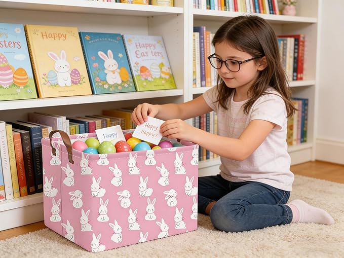 Rectangular Cute Easter basket,Easter basket empty,Storage Basket for baby Bedroom,Toy Gift Organizerm,Kids Storage Bin,Gift baskets,Easters Home Decor(Pink rabbit)