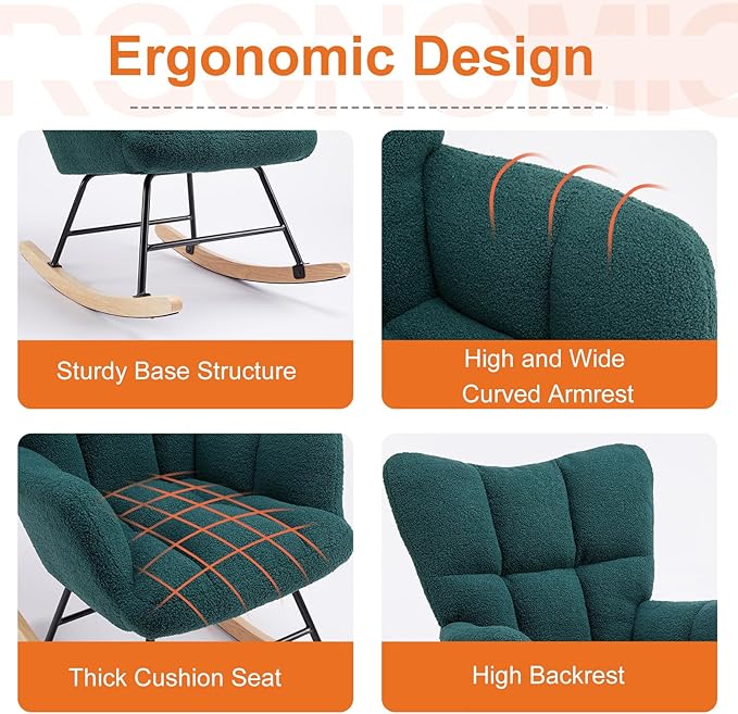 Sweetcrispy Rocking Chair Nursery, Teddy Upholstered Glider Rocker with High Backrest, Reading Chair Modern Rocking Accent Chairs Glider Recliner for Living Room, Nursery, Bedroom