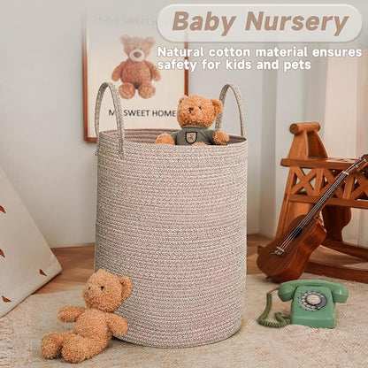 JMvicyroam Large Woven Laundry Basket Hamper,80L Cotton Rope Storage Bin for Blankets,Toys and Clothes,Decorative Tall Nursery Hamper for Living Room,Baby Nursery,Bathroom and Bedroom,Oatmeal