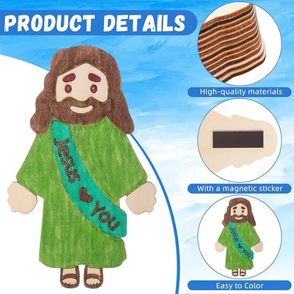 Blueweenly 24 Sets DIY Wood Jesus Figure Crafts Magnet for Kids Sunday School Vacation Bible School Craft Color Your Own Jesus Loves You Magnet with Magnets and Color Pens for Activity Easter