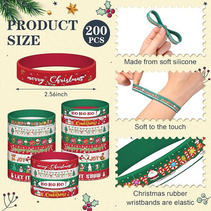 Syhood 200 Pieces Christmas Silicone Bracelets Rubber Wristbands Bulk Merry Christmas Bracelets Gifts for Kids Adult Xmas Party Favors Stocking Stuffers, 10 Style (Dark Red, Dark Green, White)