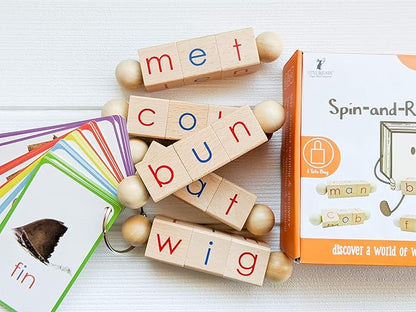 LITTLE BUD KIDS Spin-and-Read Montessori Phonetic Reading Blocks with CVC Phonics Flashcards for Beginner Readers, Montessori Reading Wooden Toys for 3 Years +