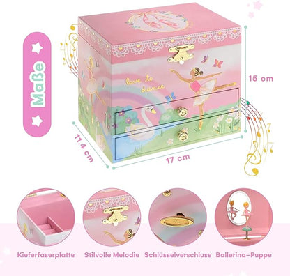 Jewelkeeper Jewelry Box for Girls - Spinning Ballerina Doll to Swan Lake Tune Music Box - Pink Jewelry Box for Girls with 2 Drawers - Ideal for Storing Necklaces and Bracelets - 7Lx5Hx6W Inches