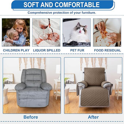 100% Waterproof Recliner Chair Covers That Stay in Place, Non Slip Recliner Cover with 5 Pockets, Elastic Straps, Washable Reclining Chair Protector for Kids, Pets, Dogs, Khaki