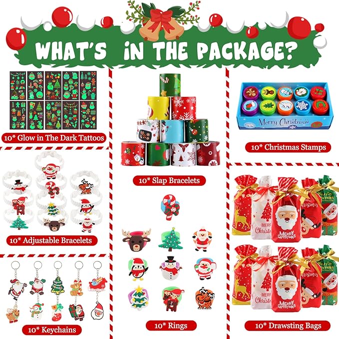 70 PCs Christmas Party Favors Kids Party Favor Bags Stamps Slap Bracelets Keychains Rings Bracelets Tattoos Xmas Classroom Gifts Prizes Stocking Stuffers Christmas Favors for Kids