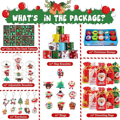 70 PCs Christmas Party Favors Kids Party Favor Bags Stamps Slap Bracelets Keychains Rings Bracelets Tattoos Xmas Classroom Gifts Prizes Stocking Stuffers Christmas Favors for Kids