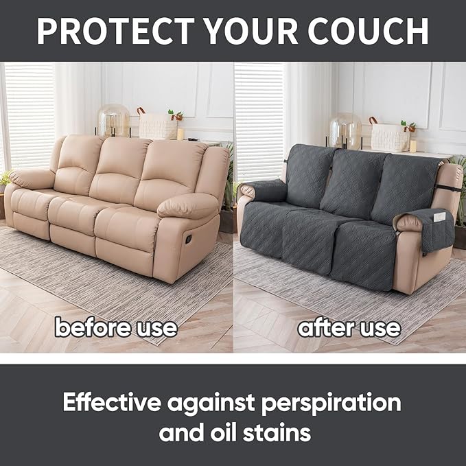 Easehomey Waterproof Recliner Sofa Cover,Non-Slip Reclining Sofa Covers for 3 Seat,Washable Reclining Sofa Cover Furniture Protector with Elastic Straps Pocket for Kids, Pets(Dark Gray,3Seat)