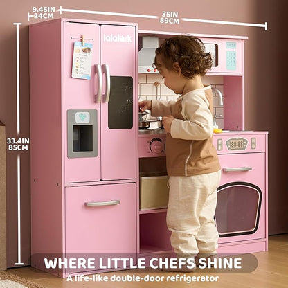 Play Kitchen Set for Toddlers, Wooden Toy Playset with Real Lights & Sounds, Double-Door Fridge, Ice Maker & Cookware Accessories, Pretend Play Kitchen Set for Kids, Gift for Ages 3+