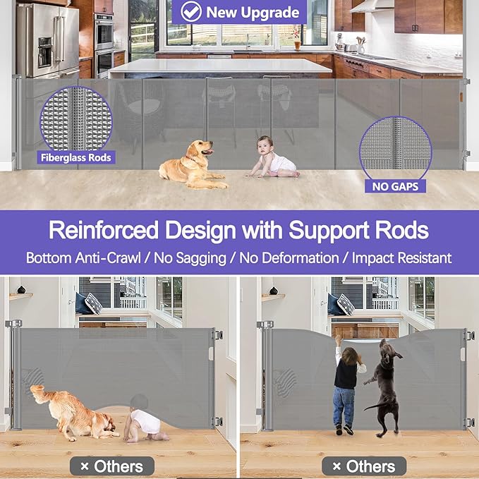 42" Tall X 120" Wide Retractable Baby Gates Extra Wide Dog Gate Keeps Pets from Getting Under Tall Baby Gate, Indoor/Outdoor Pet Gate for Cats, Extra Long Baby Gate Tall Dog Gates for Doorways, Gray