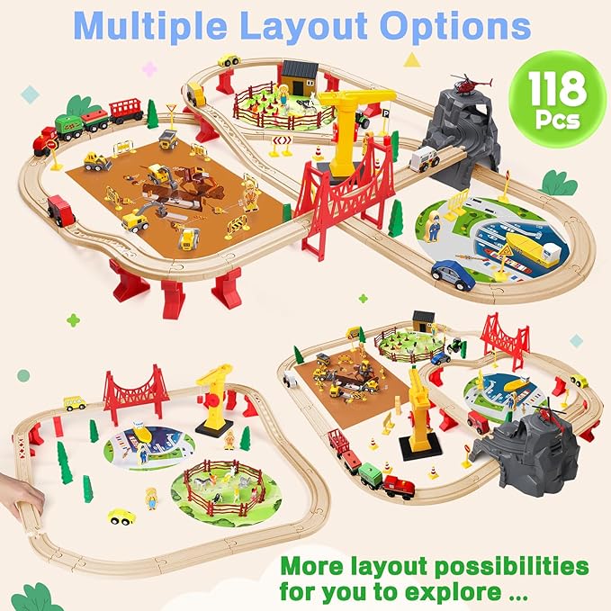 118Pcs Wooden Train Set for Kids & Toddlers, Wood Train Track Set Train Railway Accessories Toy Train Sets for Boys and Girls Gifts Ages 3+ 4 5 6 7 8 - Compatible with All Major Brands
