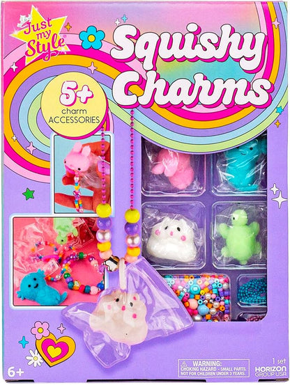 Just My Style Squishy Charms, Create 5 Squishy Bag Charms, Necklaces, Friendship Bracelets with Kawaii TPR Squishies in Pouches & Beads for Jewelry Making, Unique Jewelry Making Kit, Gifts for Girls