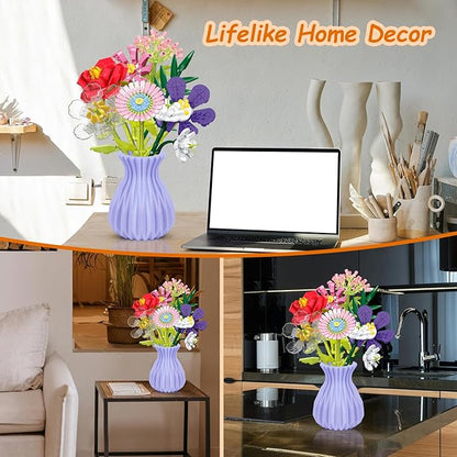 Flowers Bouquet Building Set with Vase, 8 Artificial Flowers Bouquet Set for Adults, Kids, Boys, Girls, Idea Gifts for Mother's Day, Birthdays, Creative DIY Plant Bouquet Decoration Botanical, 730PCS