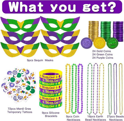 MGparty 216 PCS Mardi Gras Accessories - Masks Beads Necklaces Coins Tattoos Bracelets Carnival Parade Masquerade Party Decorations Supplies
