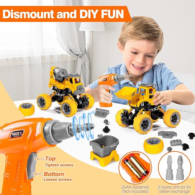 LUDILO 4PCS Take Apart Toys for 4 Year Old Boys Construction Toys with Electric Drill DIY Assembly Building Stem Toys Trucks Gifts for 3 4 5 6 7 8 Year Old Boys Girls Kids Learning Educational Toys