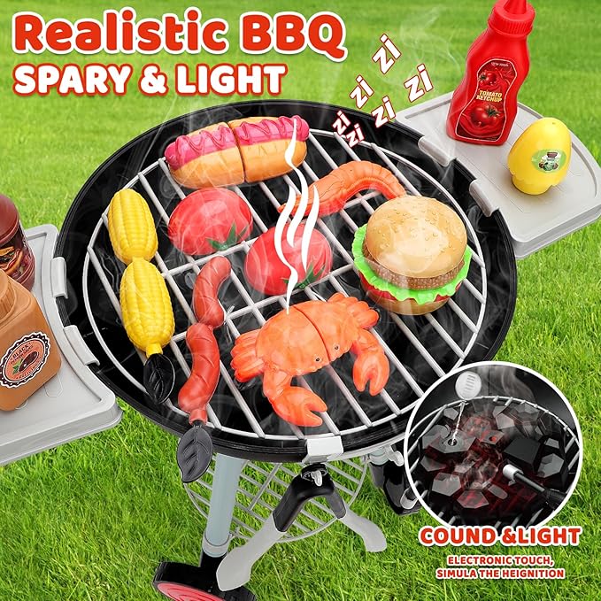 deAO Kids BBQ Grill Playset, Kitchen Toy Set with Pretend Smoke, Light, Sound Toy Kitchen Accessories,Indoor Outdoor Cooking Toy for Boys Girls Kids, for Kids