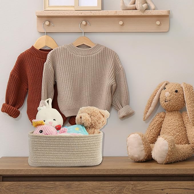 XUANGUO Small Woven Storage Baskets 12“X8”X5“ Decorative Rope Bins for Organizing Shelves, Closets, and Toys, Empty Gift Baskets, Cute Organizer Basket for Home and Office (oatmeal, regular)