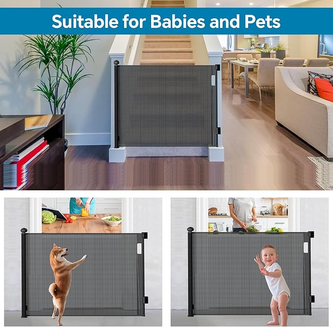 Bulubaky Extra Tall Safety Retractable Baby Gate Adjustable Wide Retractable Dog Gate Mesh Baby Gate Child Gate for Doorway, Hallway, Stair Gates for Kids or Pets (Black, 42" Tall x 55" Wide)
