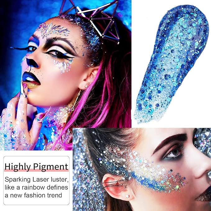 Go Ho Blue Face Body Glitter,Halloween Blue Face Paint Sparkling Mermaid Glitter Gel,Holographic Chunky Sequins Glitters for Eye Lip Hair Nails,Festival Rave Accessories