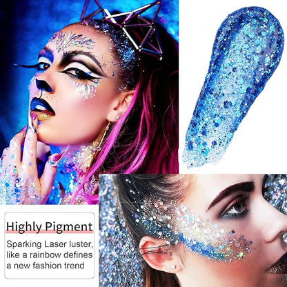 Go Ho Blue Face Body Glitter,Halloween Blue Face Paint Sparkling Mermaid Glitter Gel,Holographic Chunky Sequins Glitters for Eye Lip Hair Nails,Festival Rave Accessories