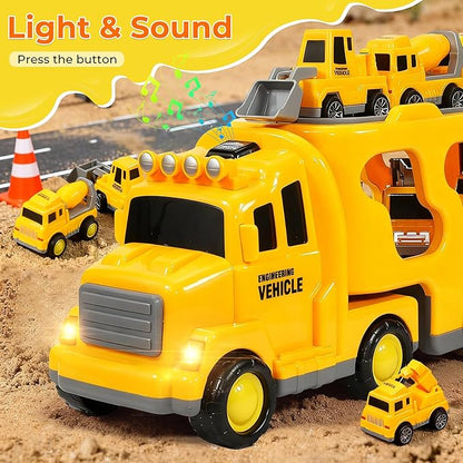 Construction Toy Trucks with 6 Construction Vehicles, Sound Light Transport Carrier Truck Construction Toys for Kids 3-5-7, Toddler Boy Toy for 3 4 5 6 7+ Year Old Boy Birthday Gifts Christmas