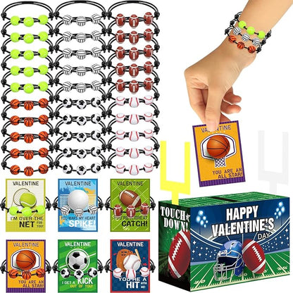 Capoda 36 Pack Valentines Day Sports Gift Set and Valentines Boxes Sports Valentine's Day Cards Adjustable Sport Party Charm Bracelet for Classroom Exchange Prizes Class Party Favors